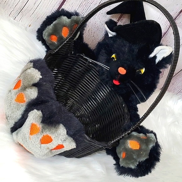 Vintage 90s Halloween Black Cat Witch Plush Stuffed Animal Wicker Candy Basket - Picture 4 of 12